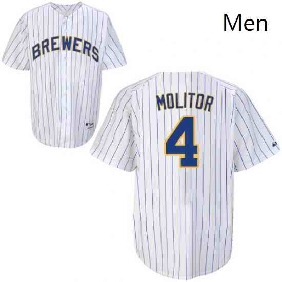 Mens Majestic Milwaukee Brewers 4 Paul Molitor Authentic White blue strip MLB Jersey